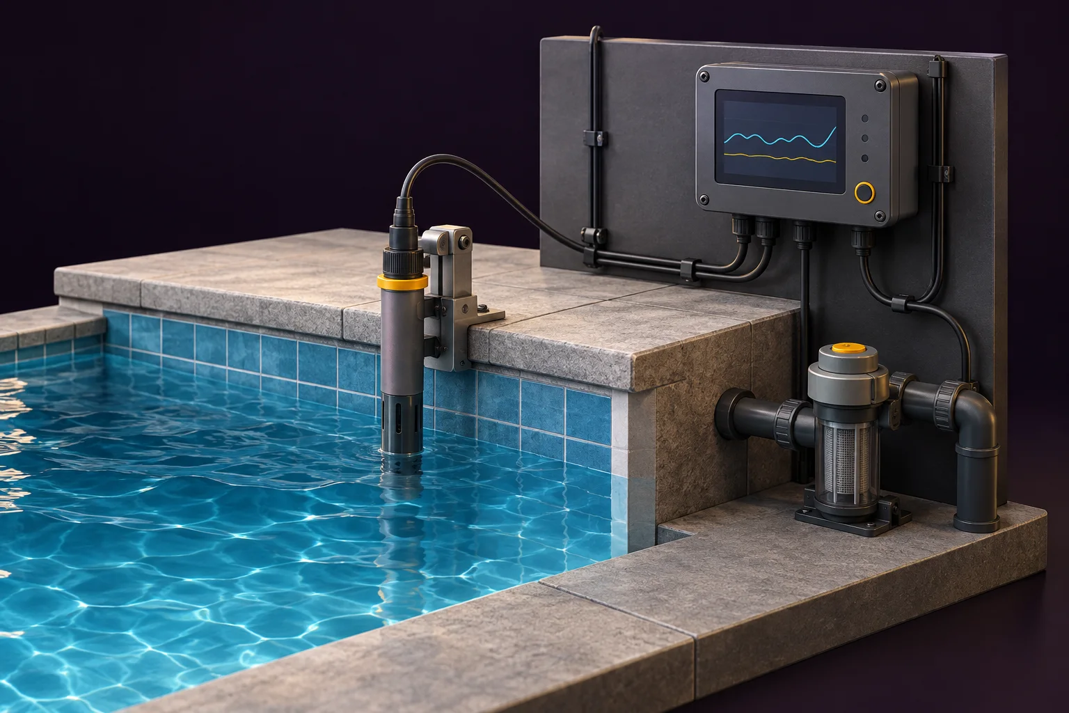 3D-Beispiel von Pooltechnik mit Sensoren und Messwertanzeige